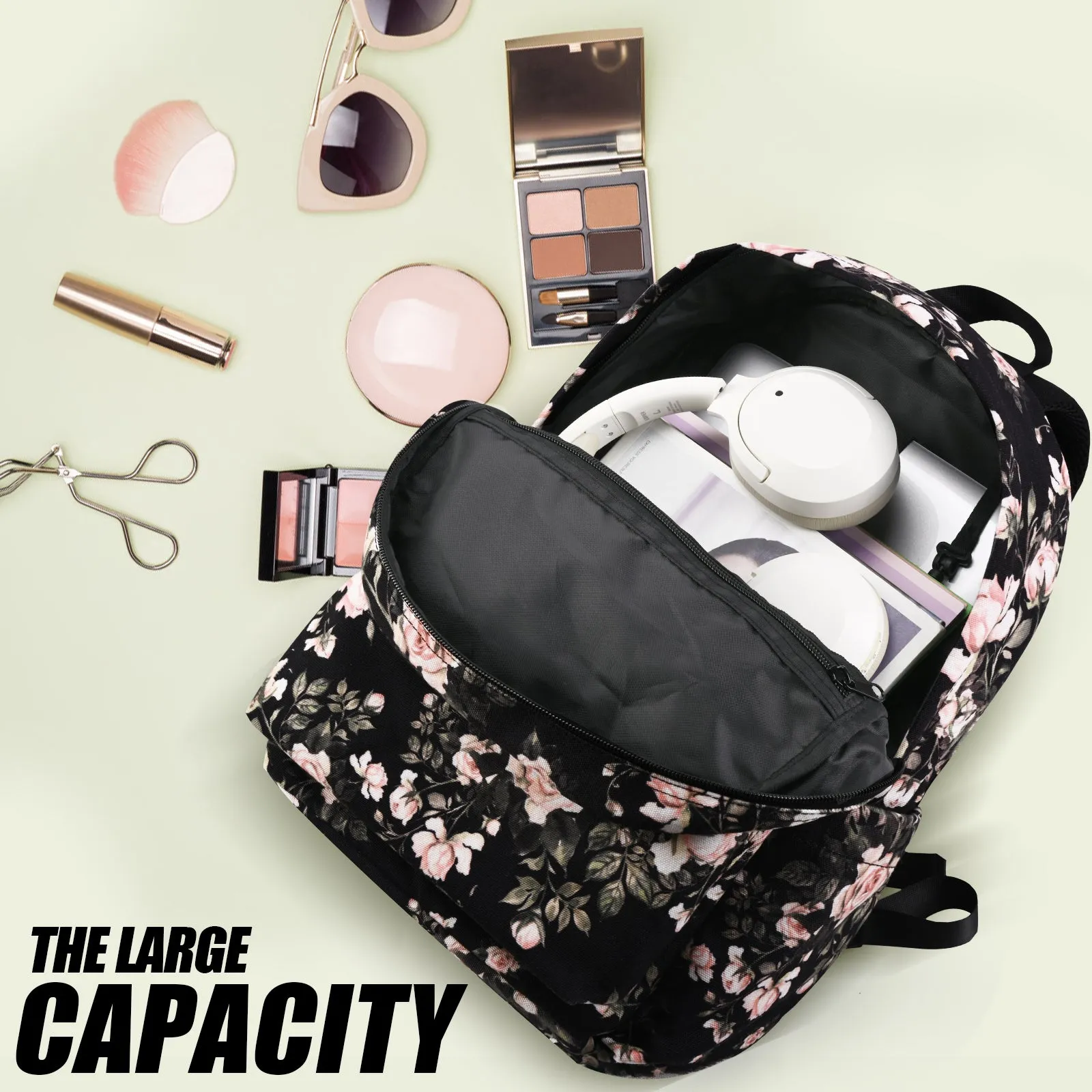 Canvas Backpack ,Washable Recycle Cotton 15.8 Inch Backpack for Women Fashion,Backpack for School (Black Flower)