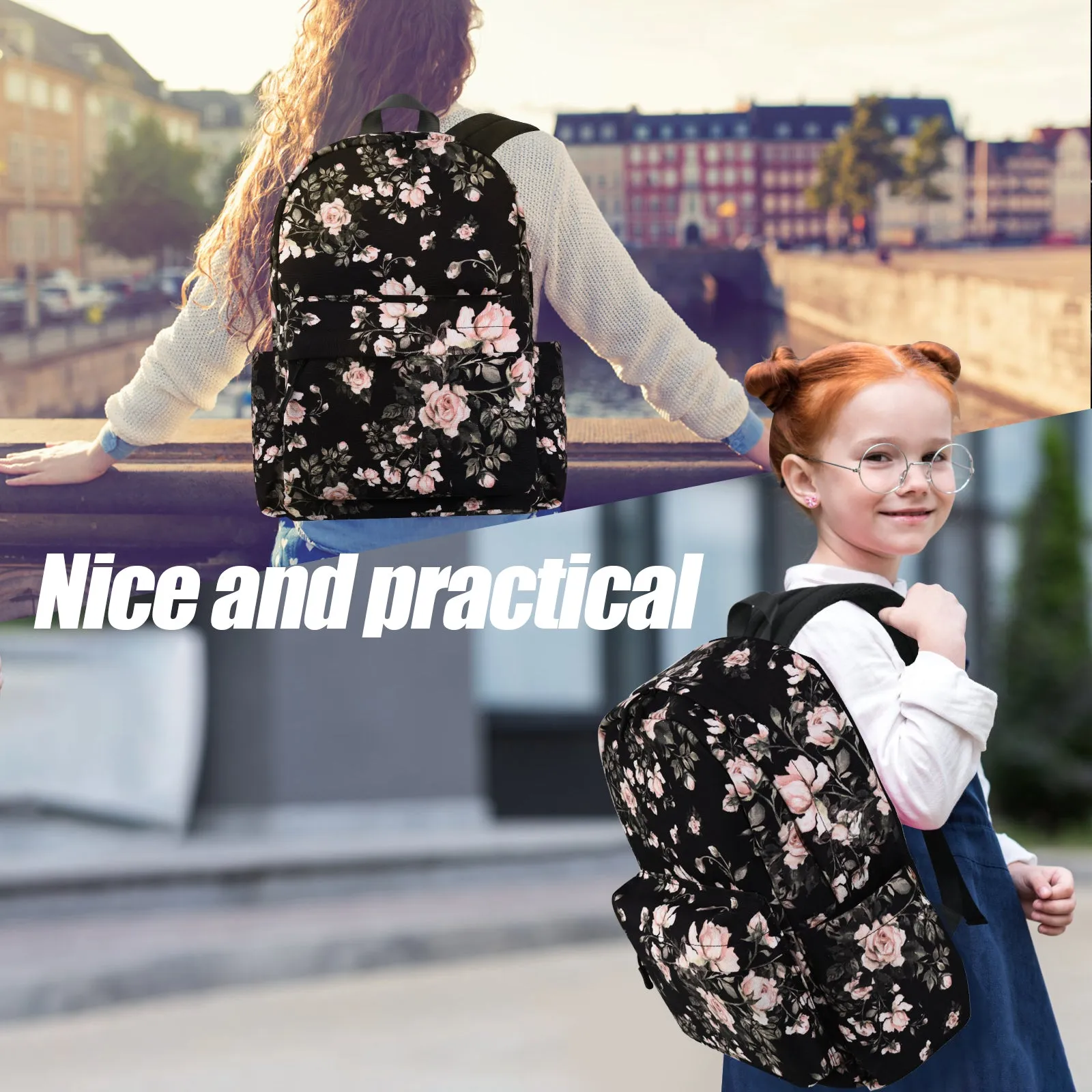 Canvas Backpack ,Washable Recycle Cotton 15.8 Inch Backpack for Women Fashion,Backpack for School (Black Flower)