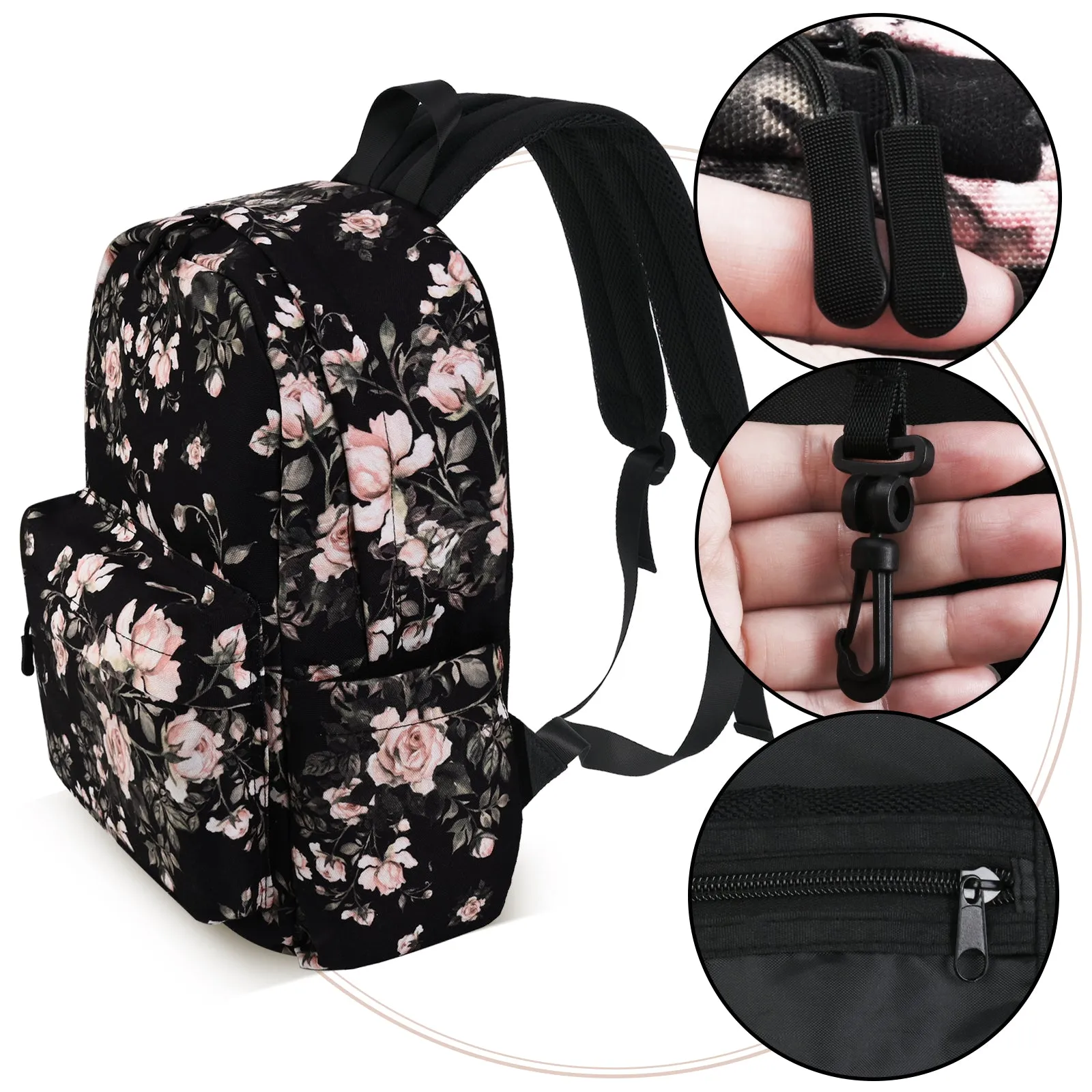 Canvas Backpack ,Washable Recycle Cotton 15.8 Inch Backpack for Women Fashion,Backpack for School (Black Flower)