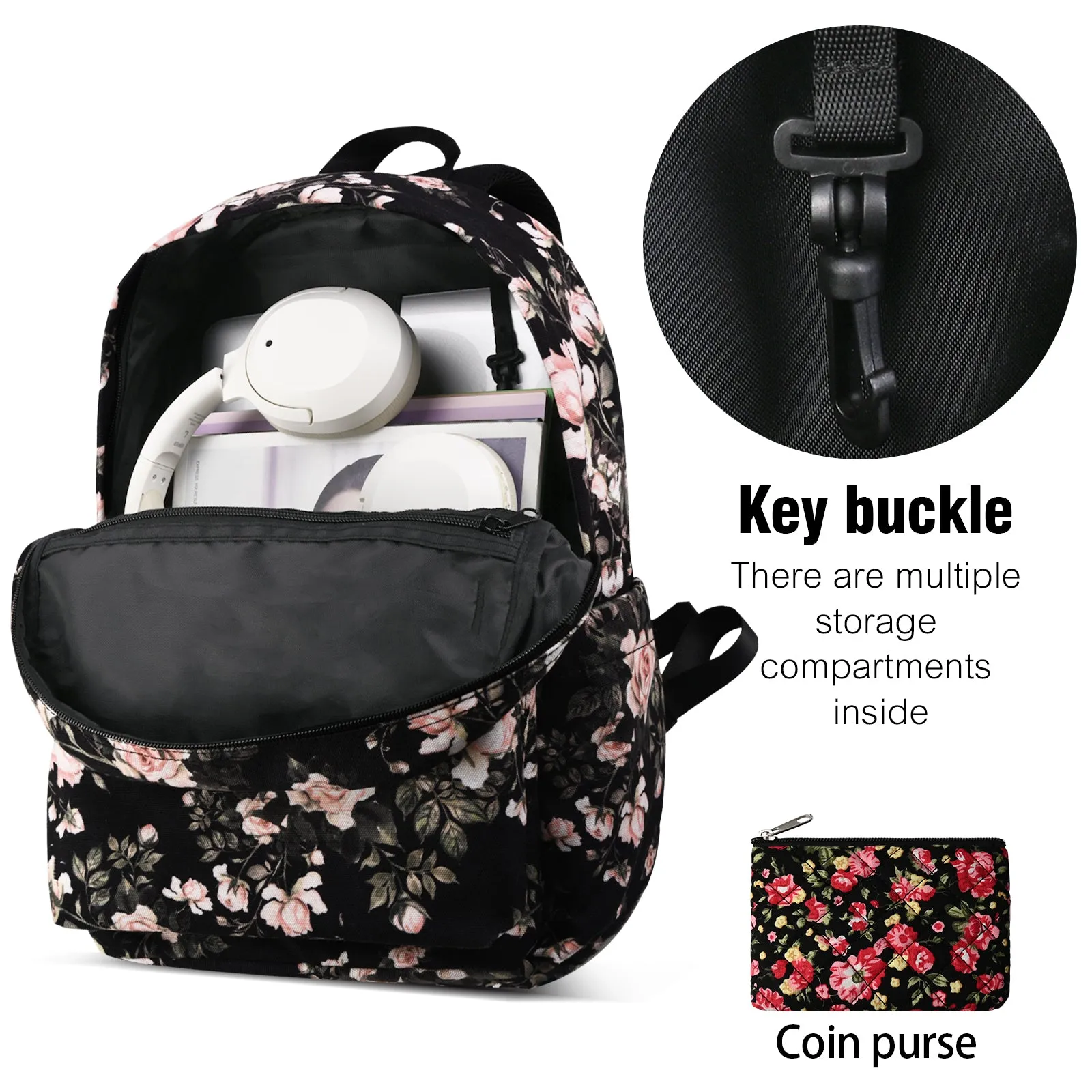 Canvas Backpack ,Washable Recycle Cotton 15.8 Inch Backpack for Women Fashion,Backpack for School (Black Flower)