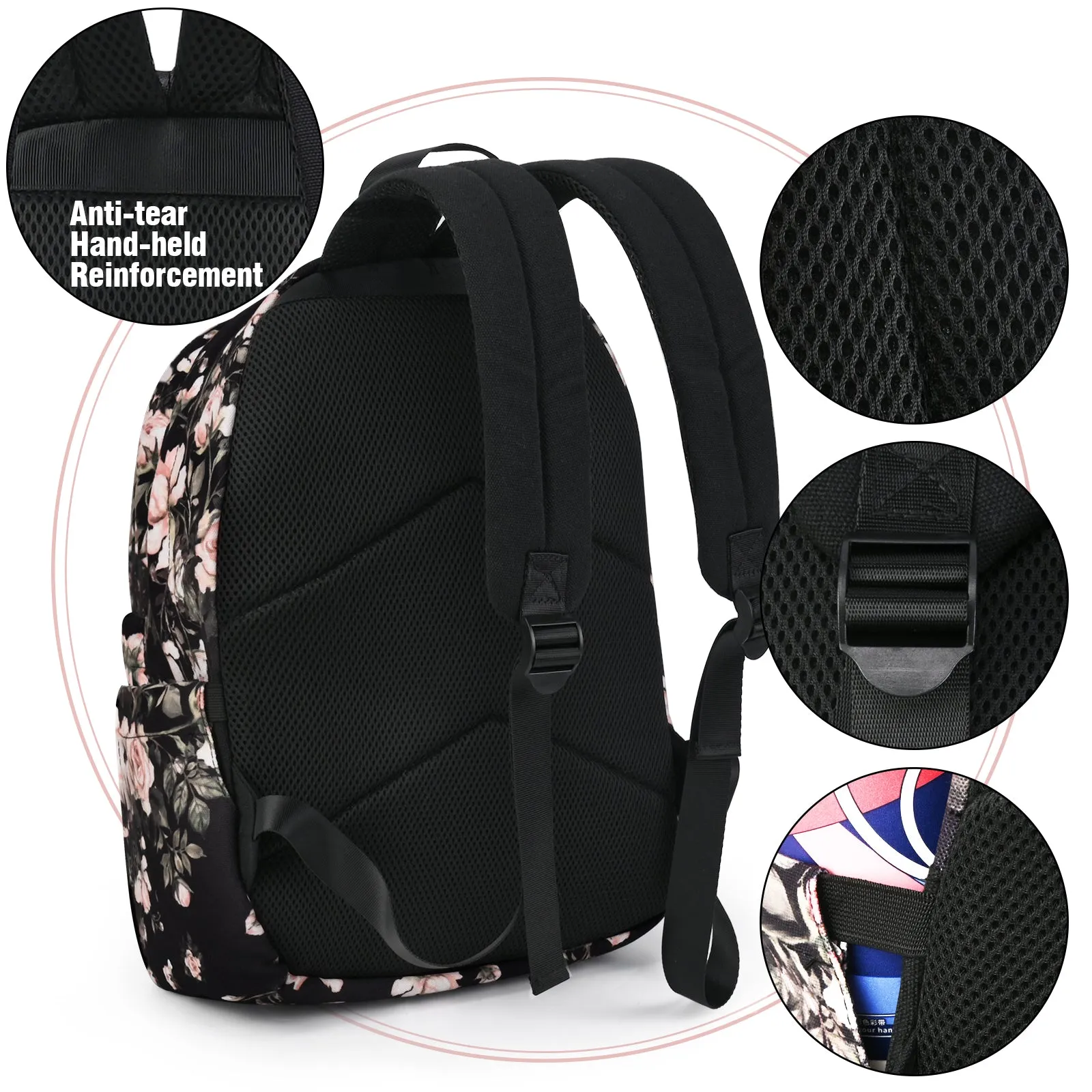 Canvas Backpack ,Washable Recycle Cotton 15.8 Inch Backpack for Women Fashion,Backpack for School (Black Flower)