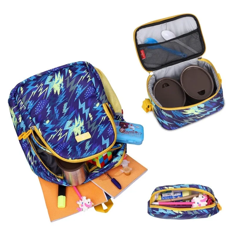 Combo: 30 L School Backpack with Pencil Pouch & Lunch Bag | Durable Polyester | Lightning Blue