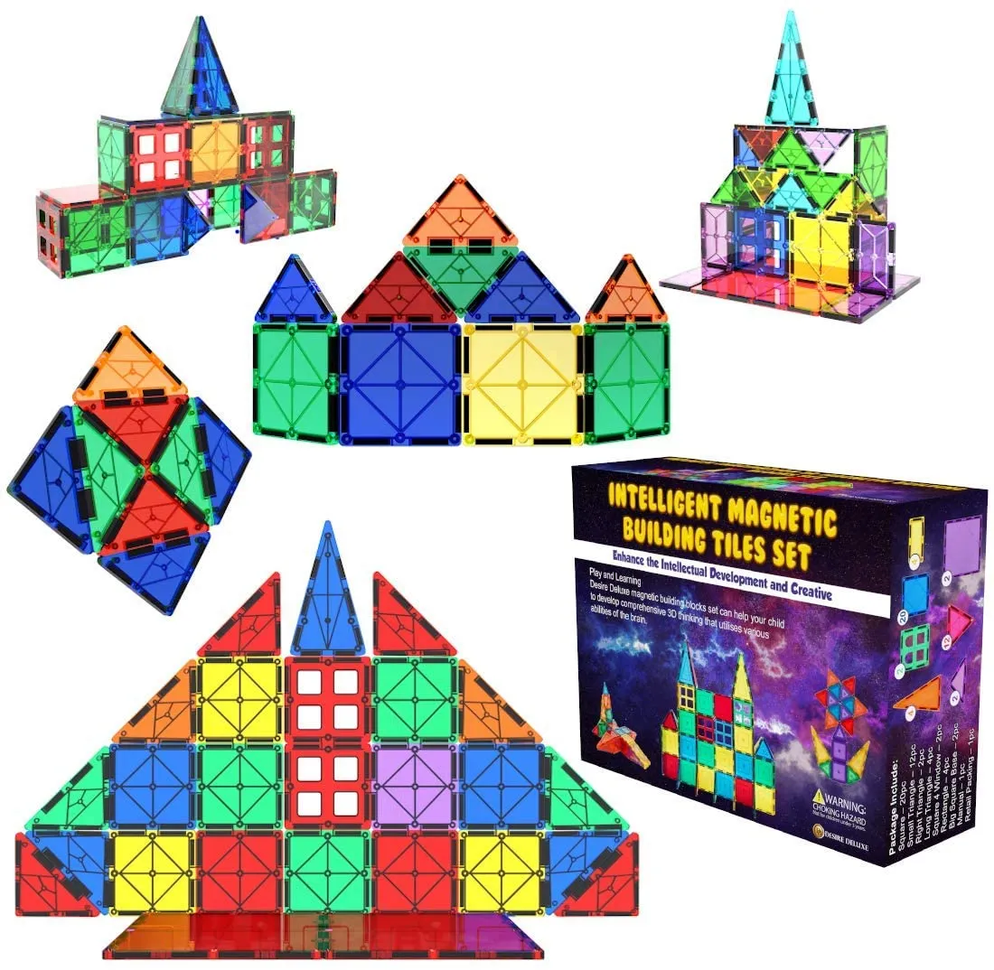 Desire Deluxe Magnetic Tiles Building Blocks Construction Toys for Boys & Girls 47pc – STEM Learning Educational Toy for Kids Age 3 4 5 6 7 8 Year Old Gift