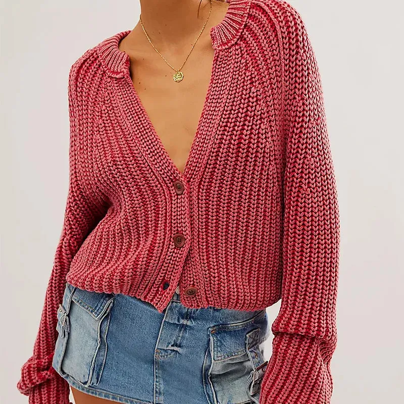 Flytonn-French Women Crochet Sweaters Long Sleeve V-neck Button Up Knit Cardigan Trendy Retro Girl Basic Knitwear Autumn Streetwear 2023