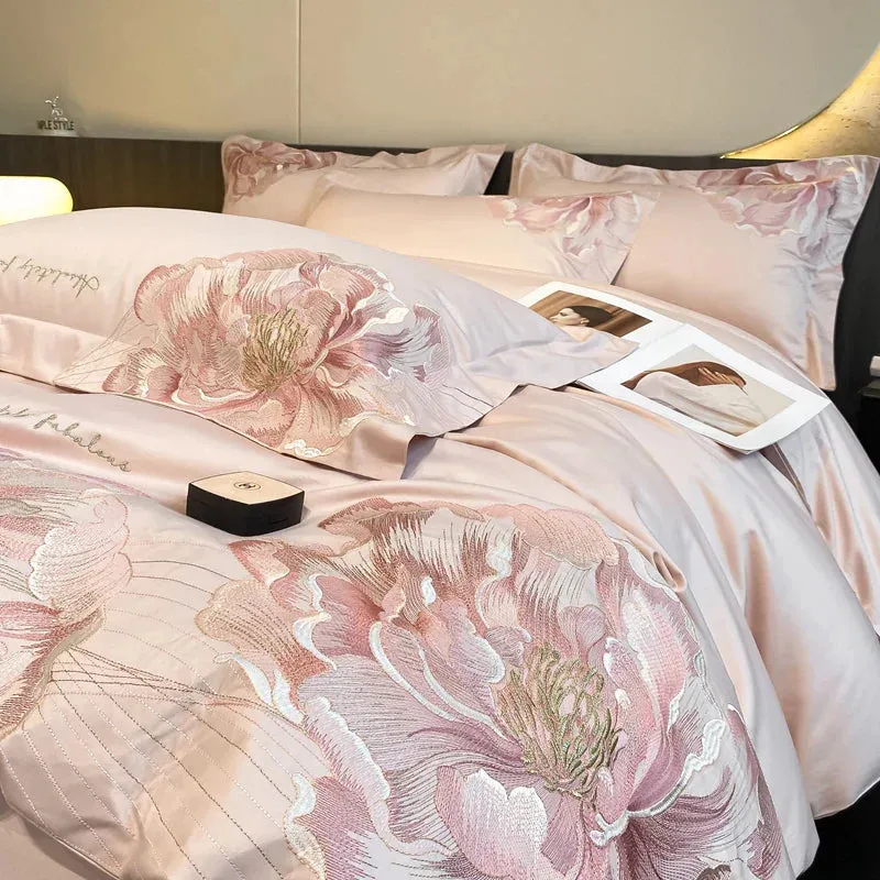 Flytonn-Pure Cotton Flowers Embroidery Luxury Bedding Set Pink Gray Blue Duvet Cover Set Flat/Fitted Bed Sheet Set Pillowcases 4Pcs