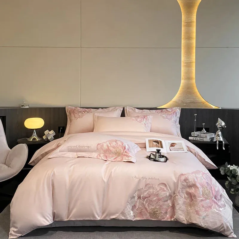 Flytonn-Pure Cotton Flowers Embroidery Luxury Bedding Set Pink Gray Blue Duvet Cover Set Flat/Fitted Bed Sheet Set Pillowcases 4Pcs