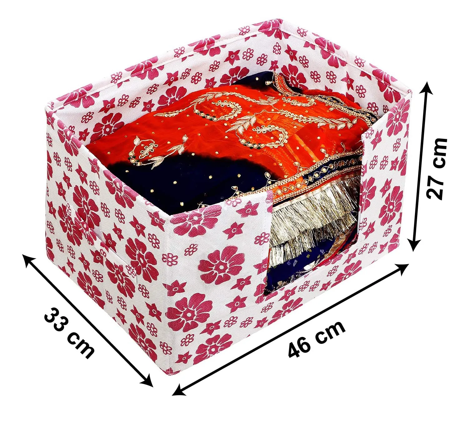 Heart Home Flower Printed Multiuses Non-Woven Closet Organizer, Storage Bin, Shelf Storage Oragnizer With Handle- Pack of 3 (Pink)-HS43HEARTH26363