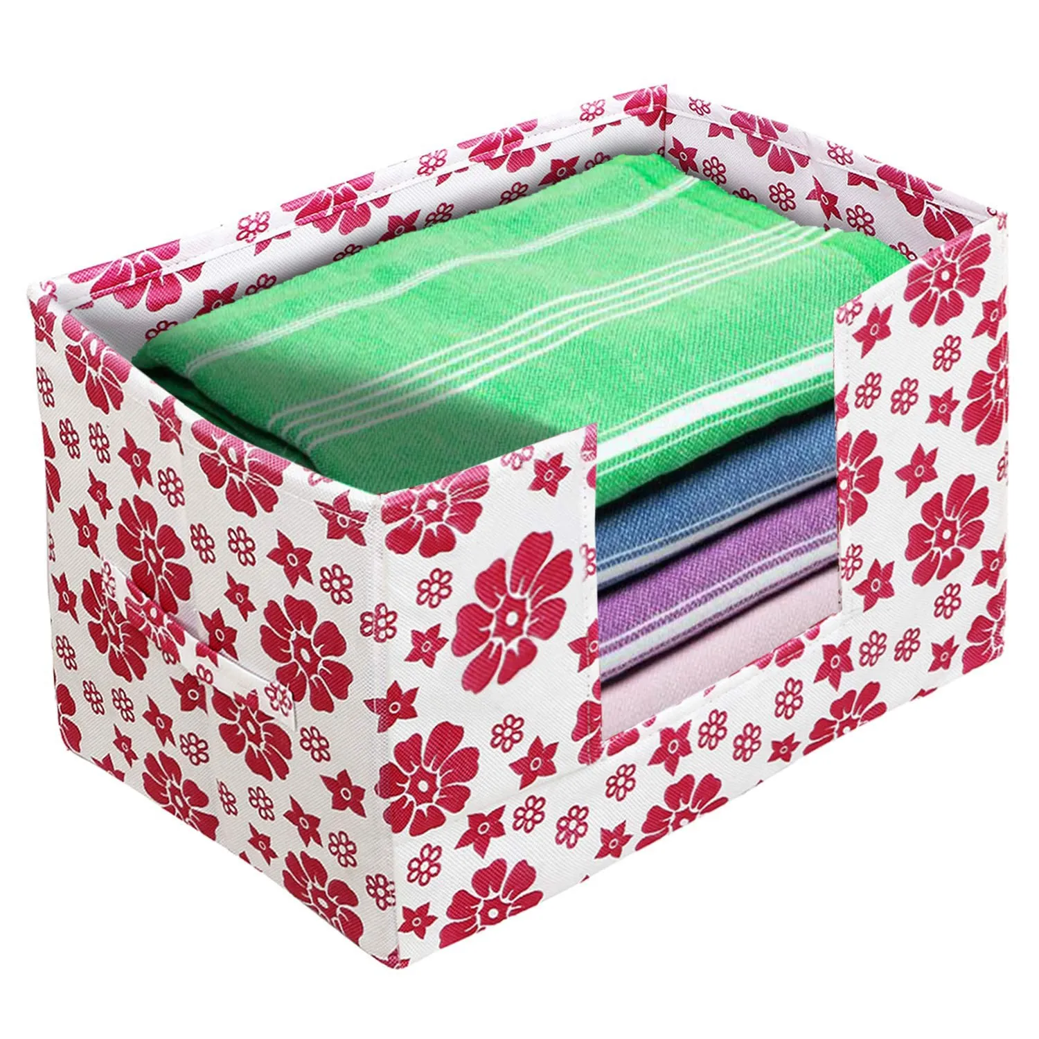 Heart Home Flower Printed Multiuses Non-Woven Closet Organizer, Storage Bin, Shelf Storage Oragnizer With Handle- Pack of 3 (Pink)-HS43HEARTH26363