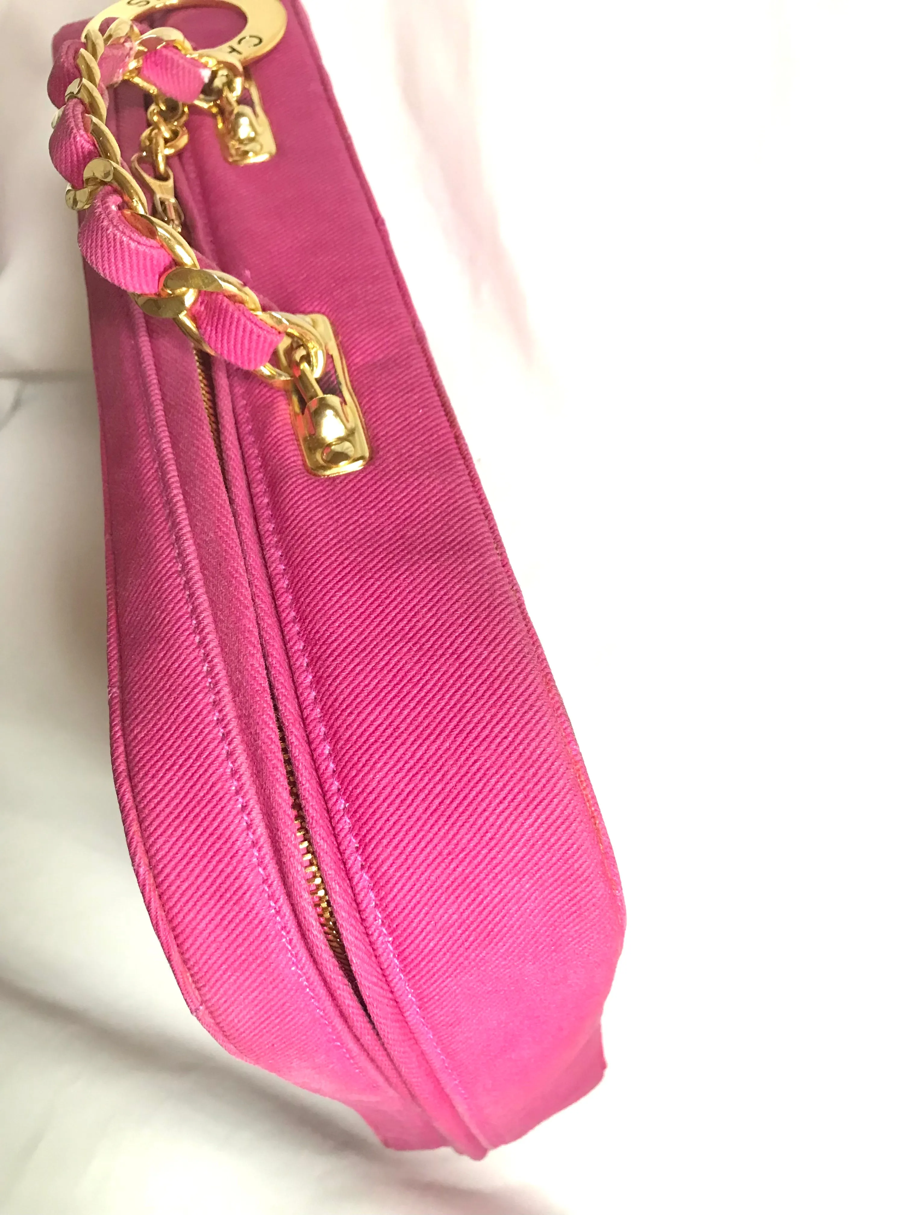 Vintage CHANEL pink canvas business bag style handbag with golden chain handle and a logo charm. Rare and collectible piece.